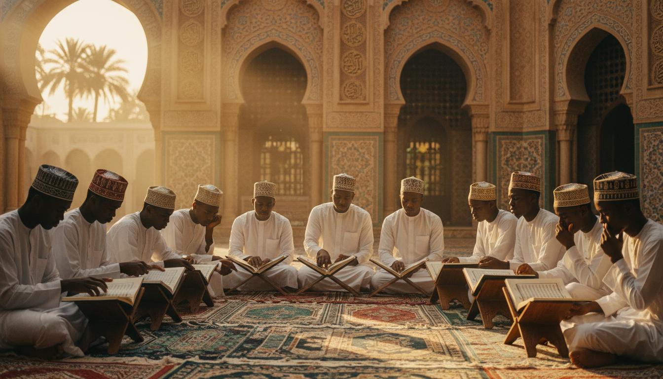 Étudiants africains en théologie islamique lors d'un cercle d'étude du Coran dans une mosquée